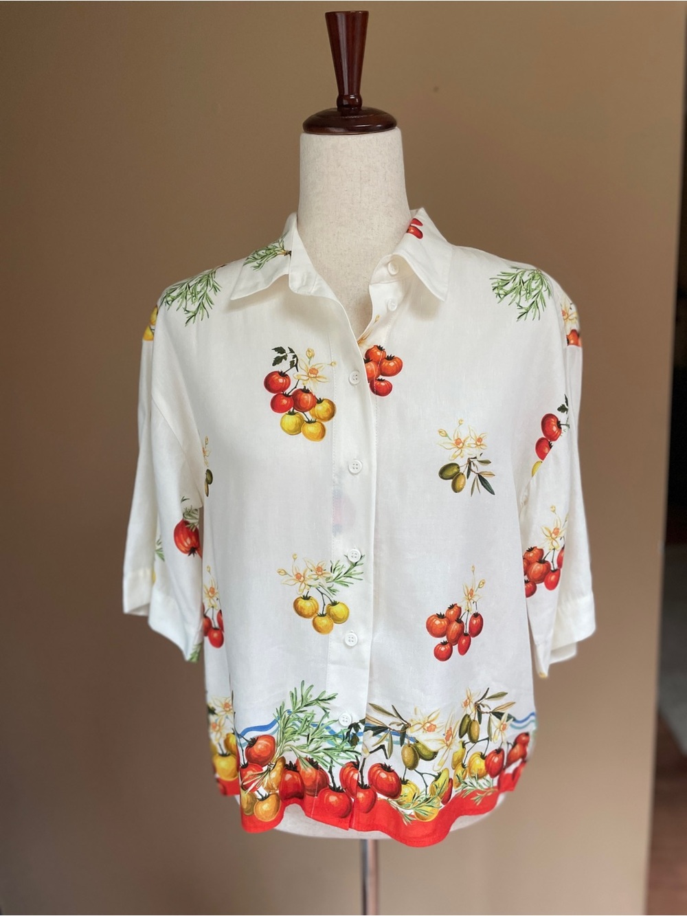 H&M Womens Linen Blend Tomato Mediterranean Printed Blouse Top XXS Oversized NEW